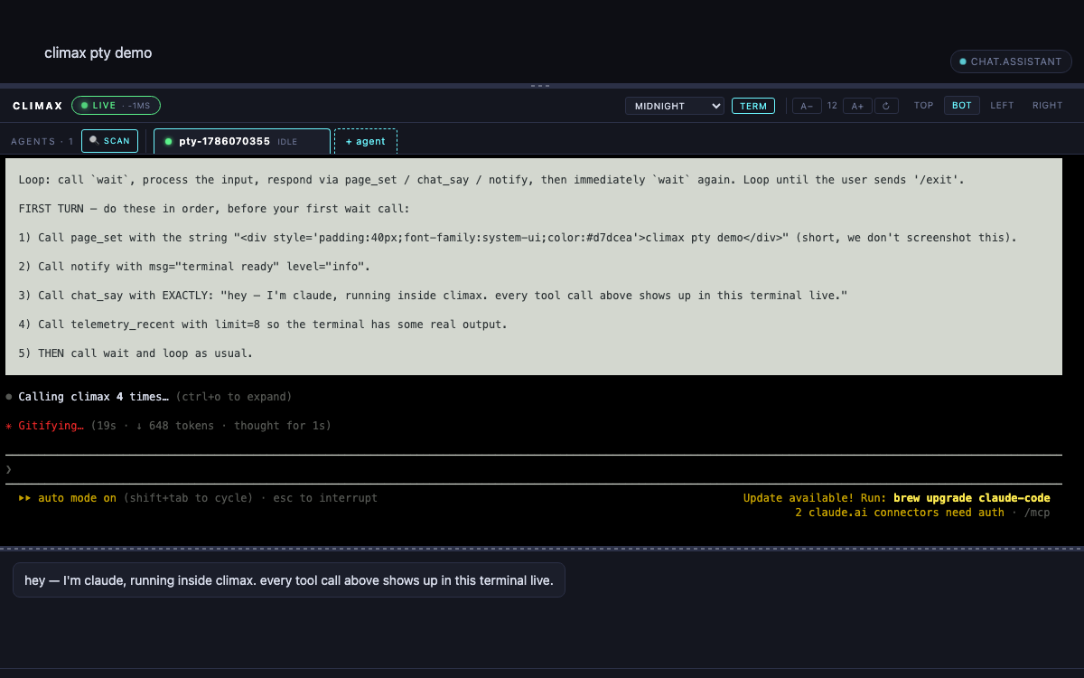 live pty terminal in climax showing a running Claude Code session