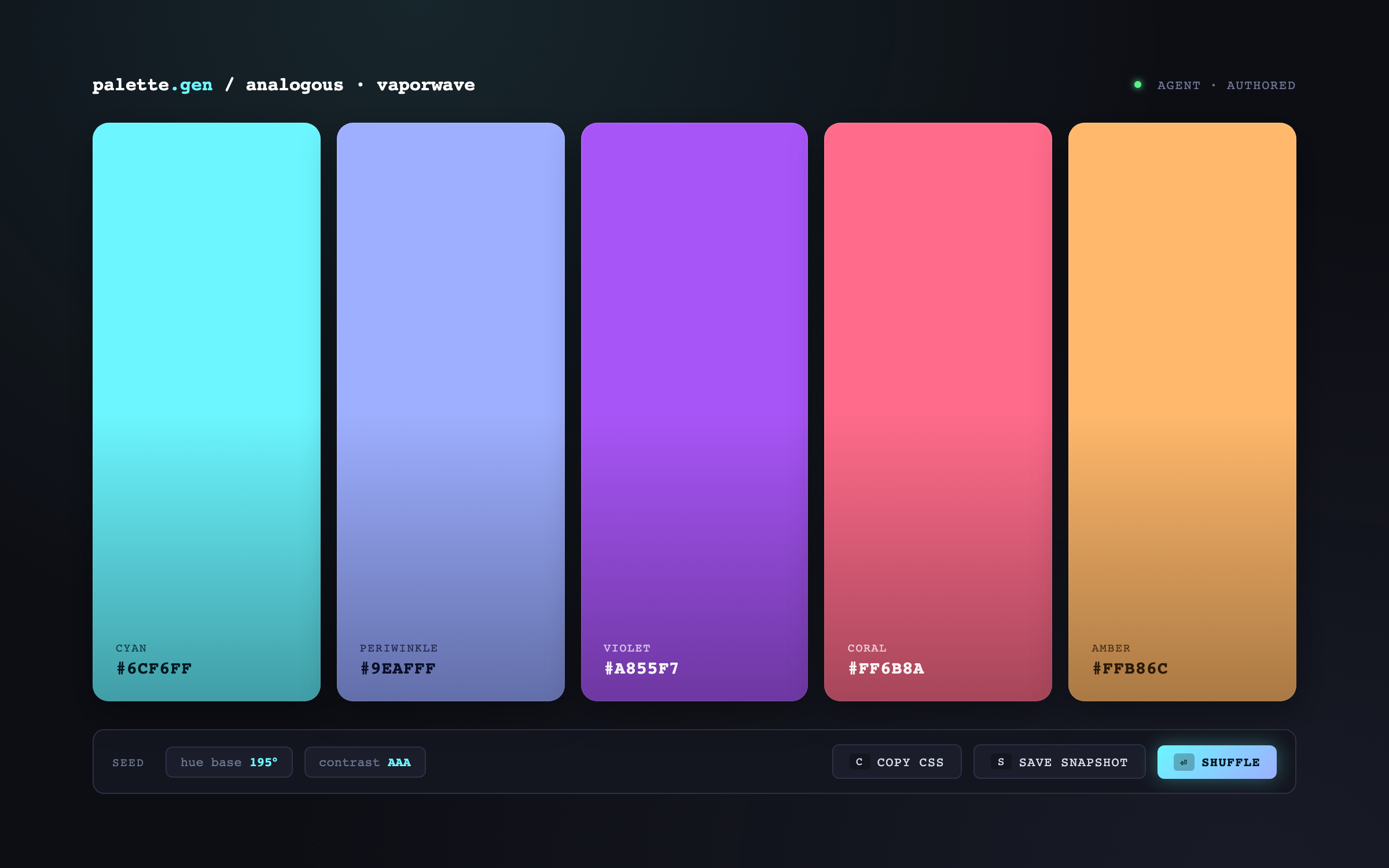 an agent-authored HTML rendering on the canvas — a palette generator mini-app